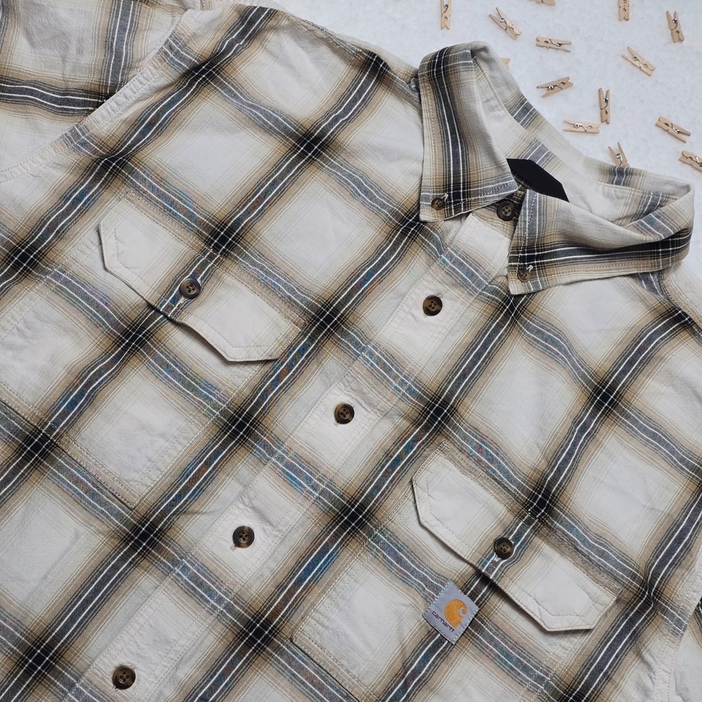 Carhartt Mens Loose Fit Plaid Short Sleeve Shirt Size XL Beige Brown Cotton Work